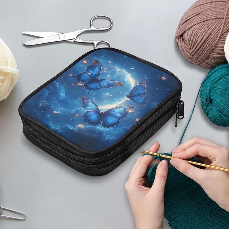 Xsehusvy Butterfly Moon Small Crochet Hook Case Portable Fabric Travel Storage Bag Lightweight Knitting Storage Bag with Web Pockets Waterproof Knitting Bag for Airport Park Office - Image 3